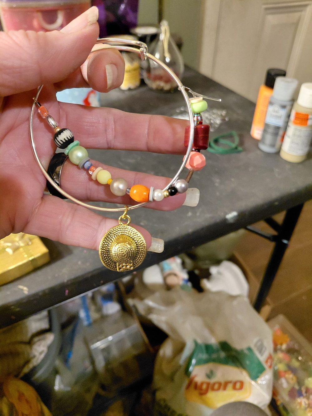 Colorful Beaded Hoop Bracelet with Gold Hat Charm